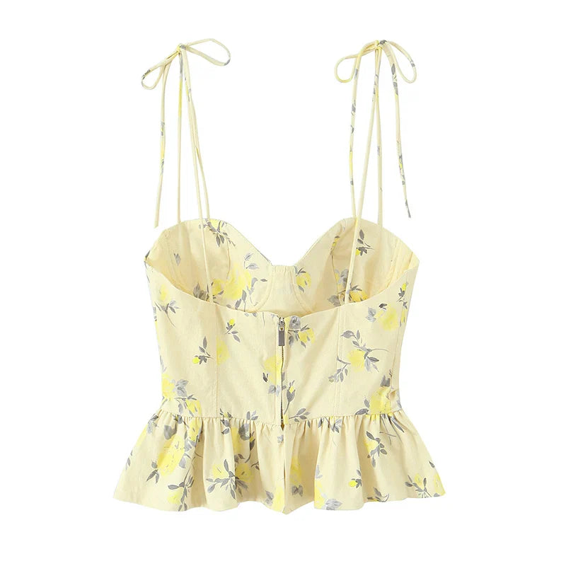 Women's Floral Bustier Cami Top – Lace-Up Corset Style Summer Crop Tank