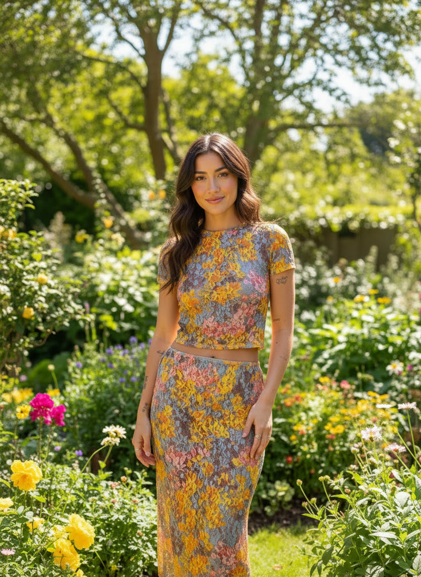 Women's Floral Co Ord Set – Stylish Crop Top and Matching Skirt Outfit