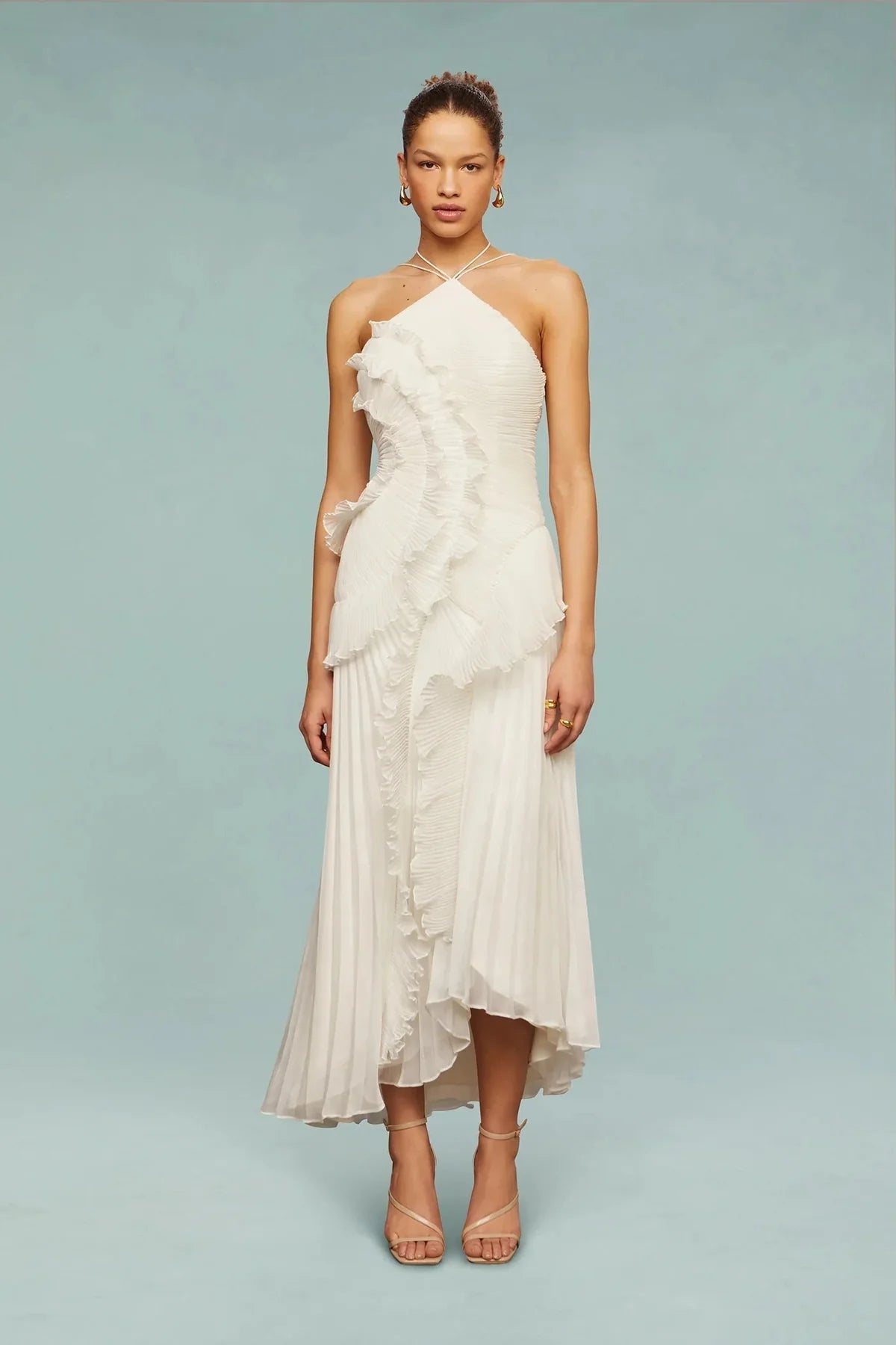 Women’s Flowy Halter Evening Maxi Dress – Elegant Ruffle Detail Formal Dress for Wedding Guest Glamour