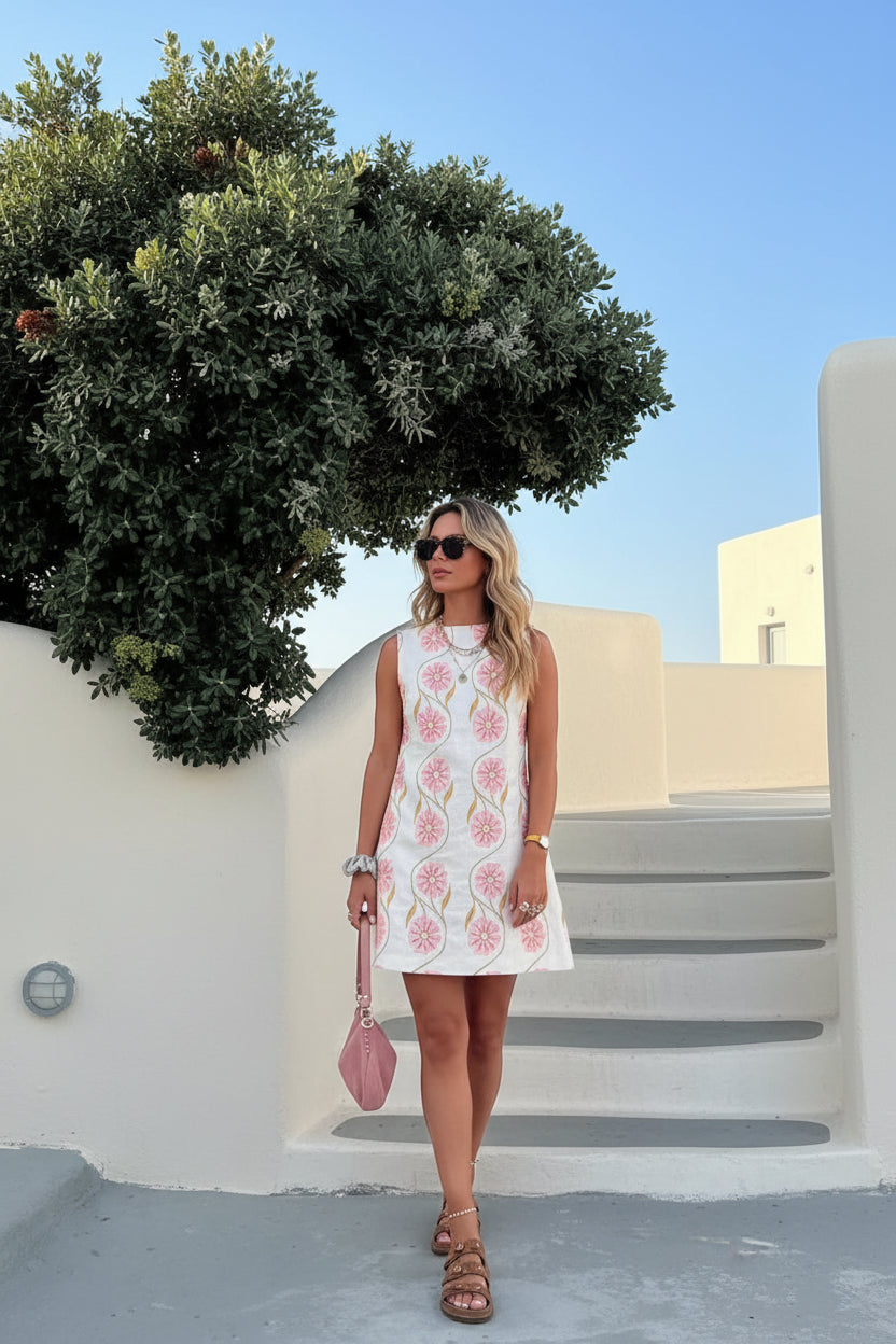 Women's Garden-Inspired Mini Dress – Elegant Floral Summer Dress with Sleek Neckline