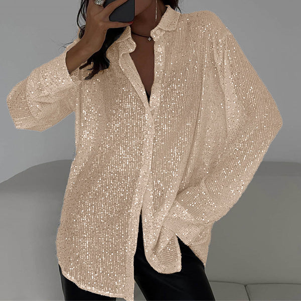 Women’s Glam Sequin Long Sleeve Shirt – Sparkling Relaxed-Fit Party Top with Statement Shine