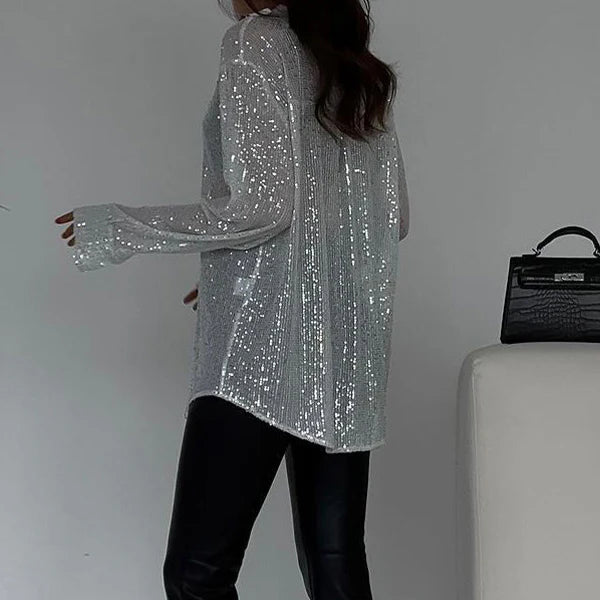 Women’s Glam Sequin Long Sleeve Shirt – Sparkling Relaxed-Fit Party Top with Statement Shine