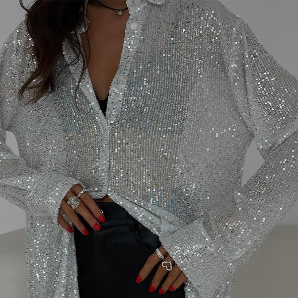 Women’s Glam Sequin Long Sleeve Shirt – Sparkling Relaxed-Fit Party Top with Statement Shine