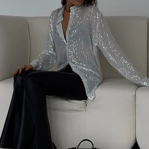 Women’s Glam Sequin Long Sleeve Shirt – Sparkling Relaxed-Fit Party Top with Statement Shine