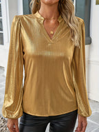 Rosalie | Gold Foil Blouse – Shimmering V-Neck Top with Dramatic Lantern Sleeves