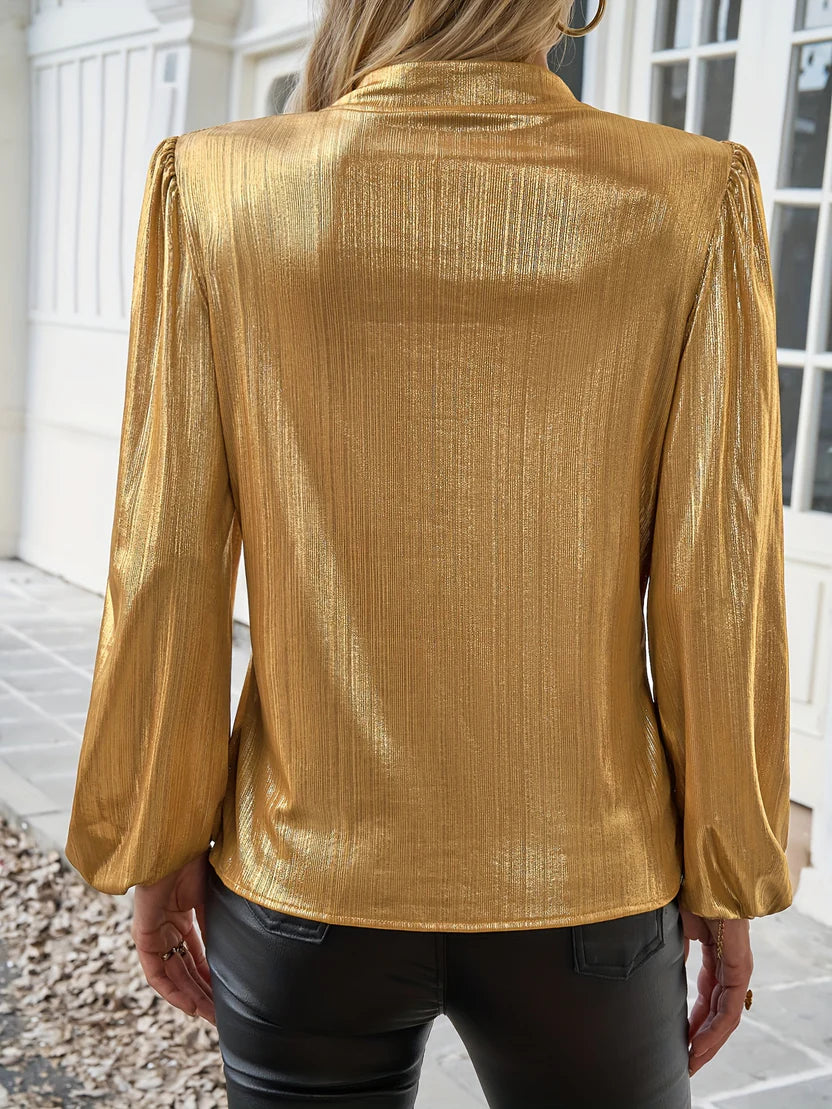 Women’s Gold Foil Blouse – Shimmering V-Neck Top with Dramatic Lantern Sleeves