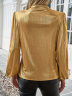 Rosalie | Gold Foil Blouse – Shimmering V-Neck Top with Dramatic Lantern Sleeves