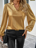 Rosalie | Gold Foil Blouse – Shimmering V-Neck Top with Dramatic Lantern Sleeves