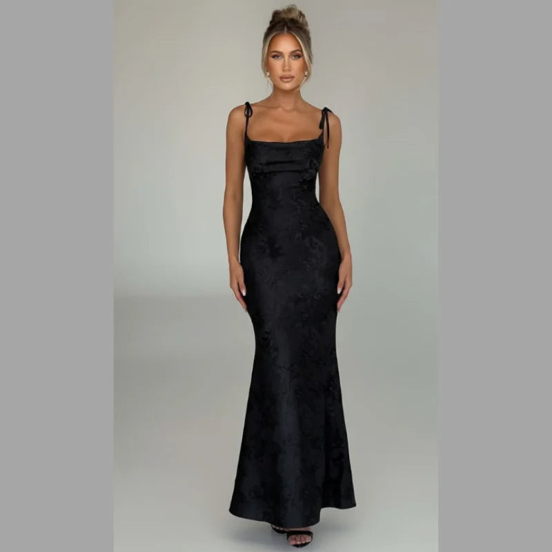 Women’s Graceful Draped Maxi Dress – Sleek Evening Look with Tie Detail
