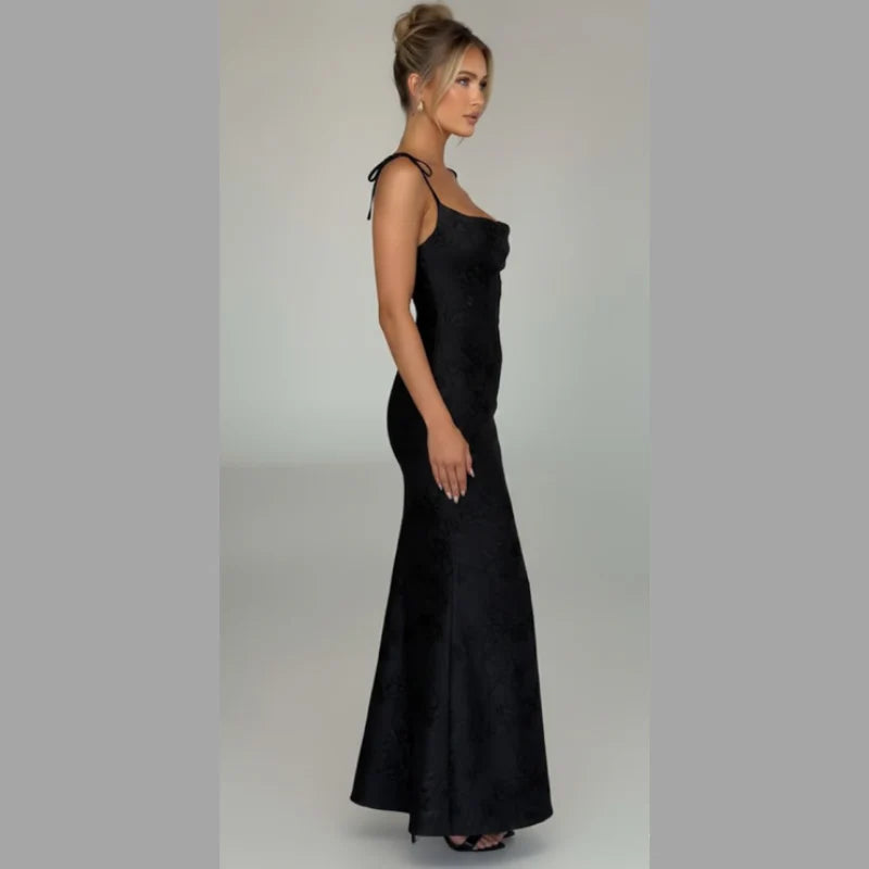 Women’s Graceful Draped Maxi Dress – Sleek Evening Look with Tie Detail