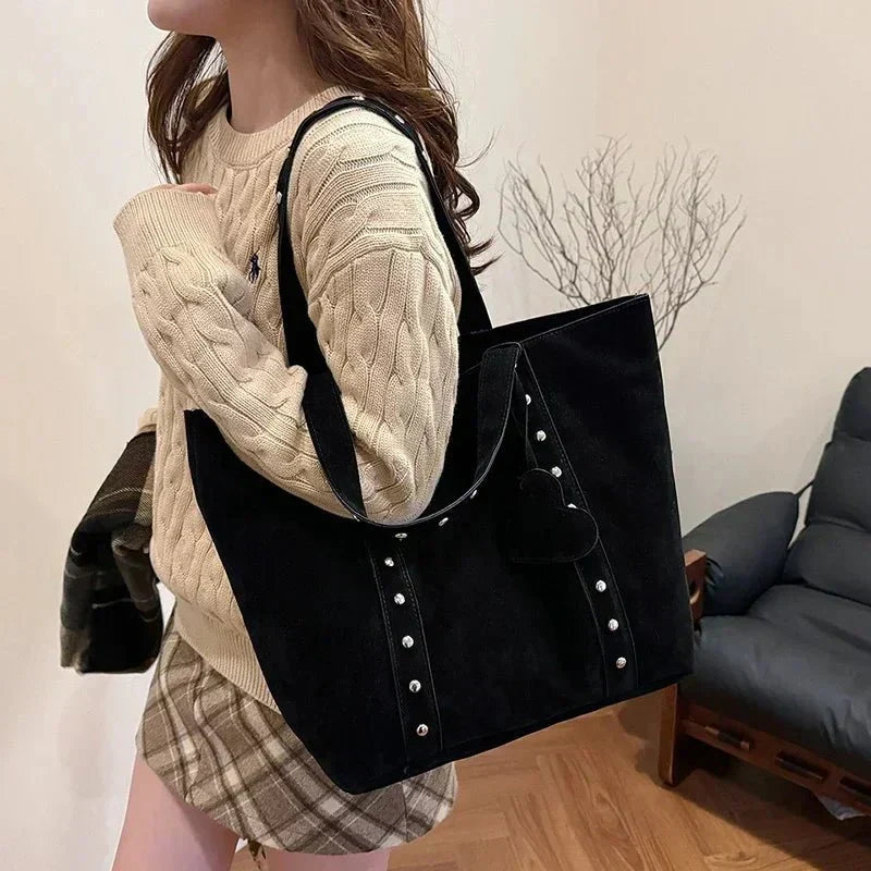 Women's Heart Accent Carryall Tote – Chic Studded Shoulder Handbag for Everyday Style