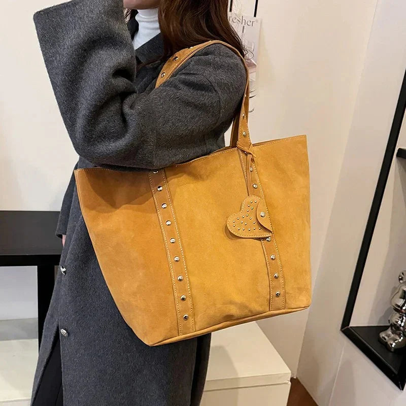 Women's Heart Accent Carryall Tote – Chic Studded Shoulder Handbag for Everyday Style