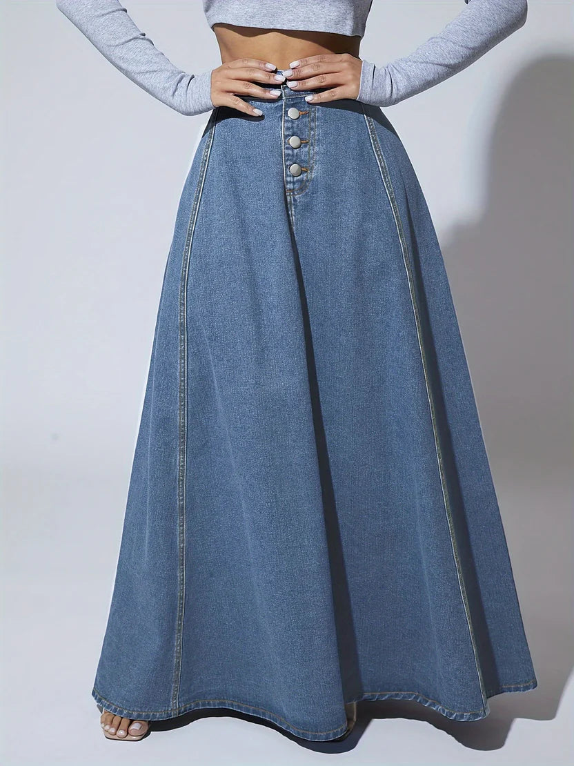 Women’s Heritage Flare Denim Maxi Skirt – High-Waisted Long Jean Skirt with Vintage Check Detail