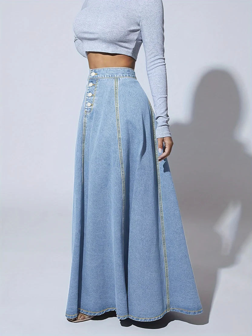 Women’s Heritage Flare Denim Maxi Skirt – High-Waisted Long Jean Skirt with Vintage Check Detail