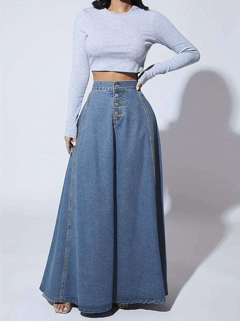 Women’s Heritage Flare Denim Maxi Skirt – High-Waisted Long Jean Skirt with Vintage Check Detail