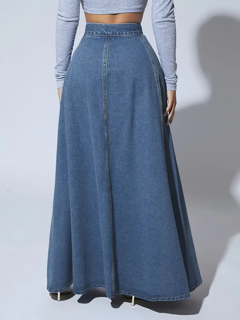 Women’s Heritage Flare Denim Maxi Skirt – High-Waisted Long Jean Skirt with Vintage Check Detail