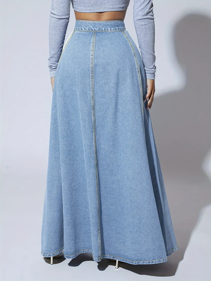 Women’s Heritage Flare Denim Maxi Skirt – High-Waisted Long Jean Skirt with Vintage Check Detail