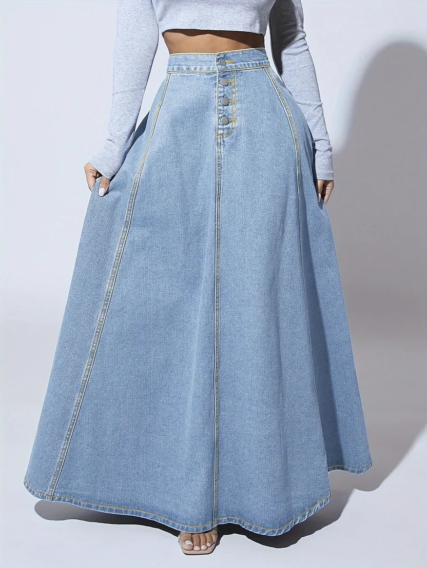 Women’s Heritage Flare Denim Maxi Skirt – High-Waisted Long Jean Skirt with Vintage Check Detail