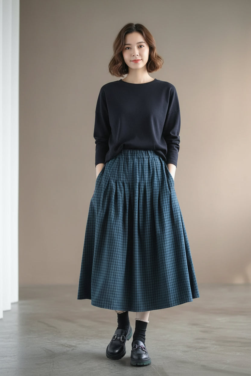 Women’s Heritage Plaid Flow Midi Skirt - High-Waist A-Line Silhouette with Relaxed Elastic Comfort Fit