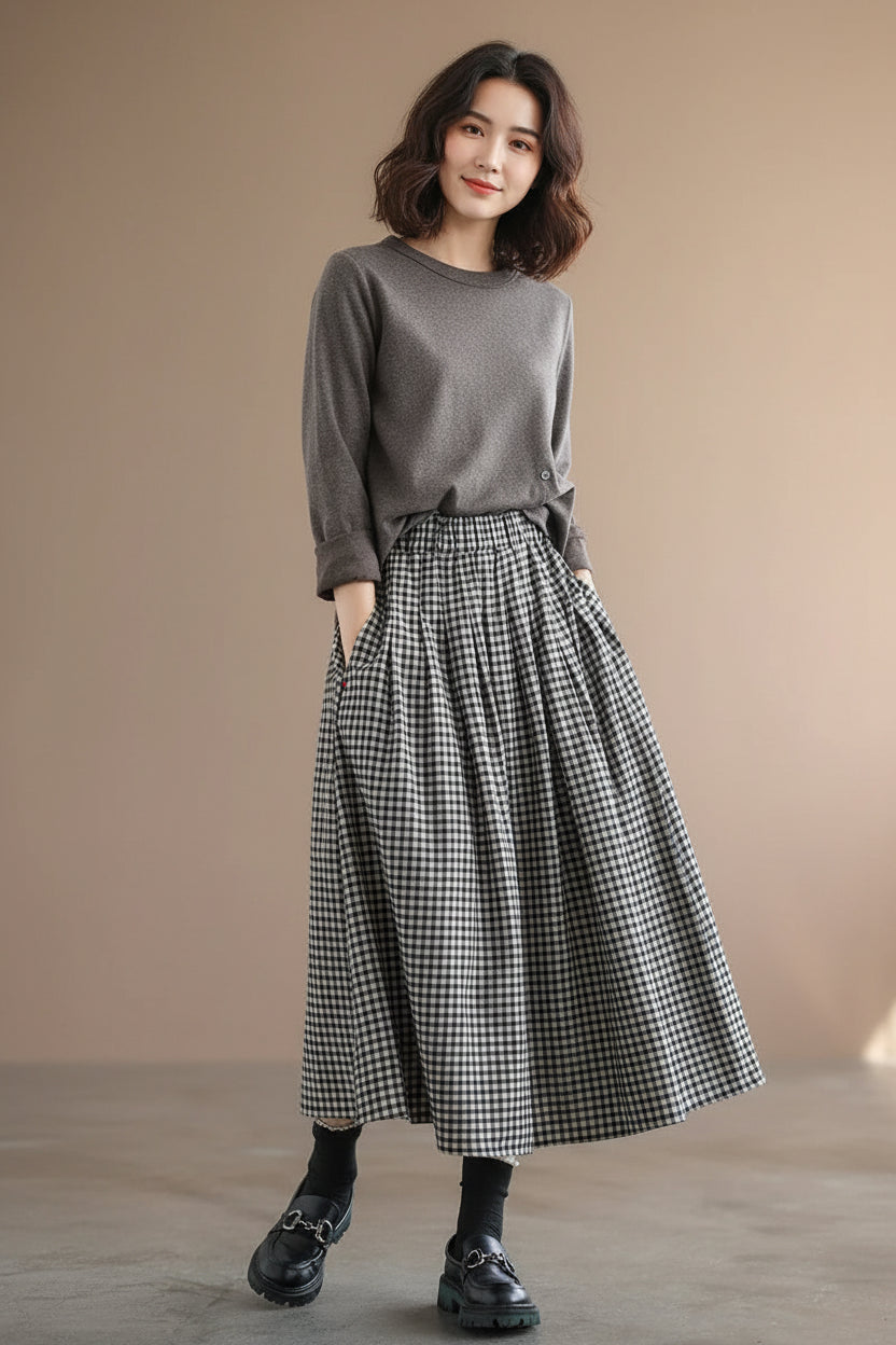 Women’s Heritage Plaid Flow Midi Skirt - High-Waist A-Line Silhouette with Relaxed Elastic Comfort Fit