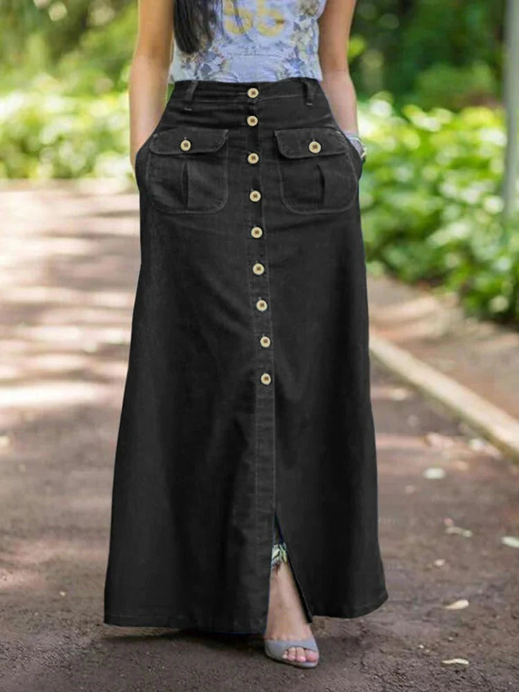 Women’s Heritage Wash Denim Maxi Skirt – Retro-Inspired High-Rise Jean Skirt with Effortless Street Style