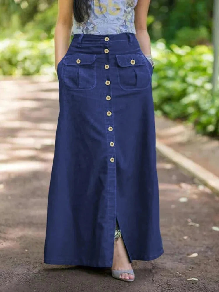 Women’s Heritage Wash Denim Maxi Skirt – Retro-Inspired High-Rise Jean Skirt with Effortless Street Style