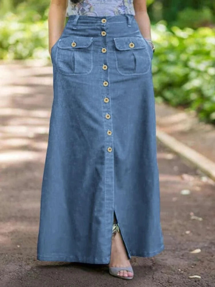 Women’s Heritage Wash Denim Maxi Skirt – Retro-Inspired High-Rise Jean Skirt with Effortless Street Style