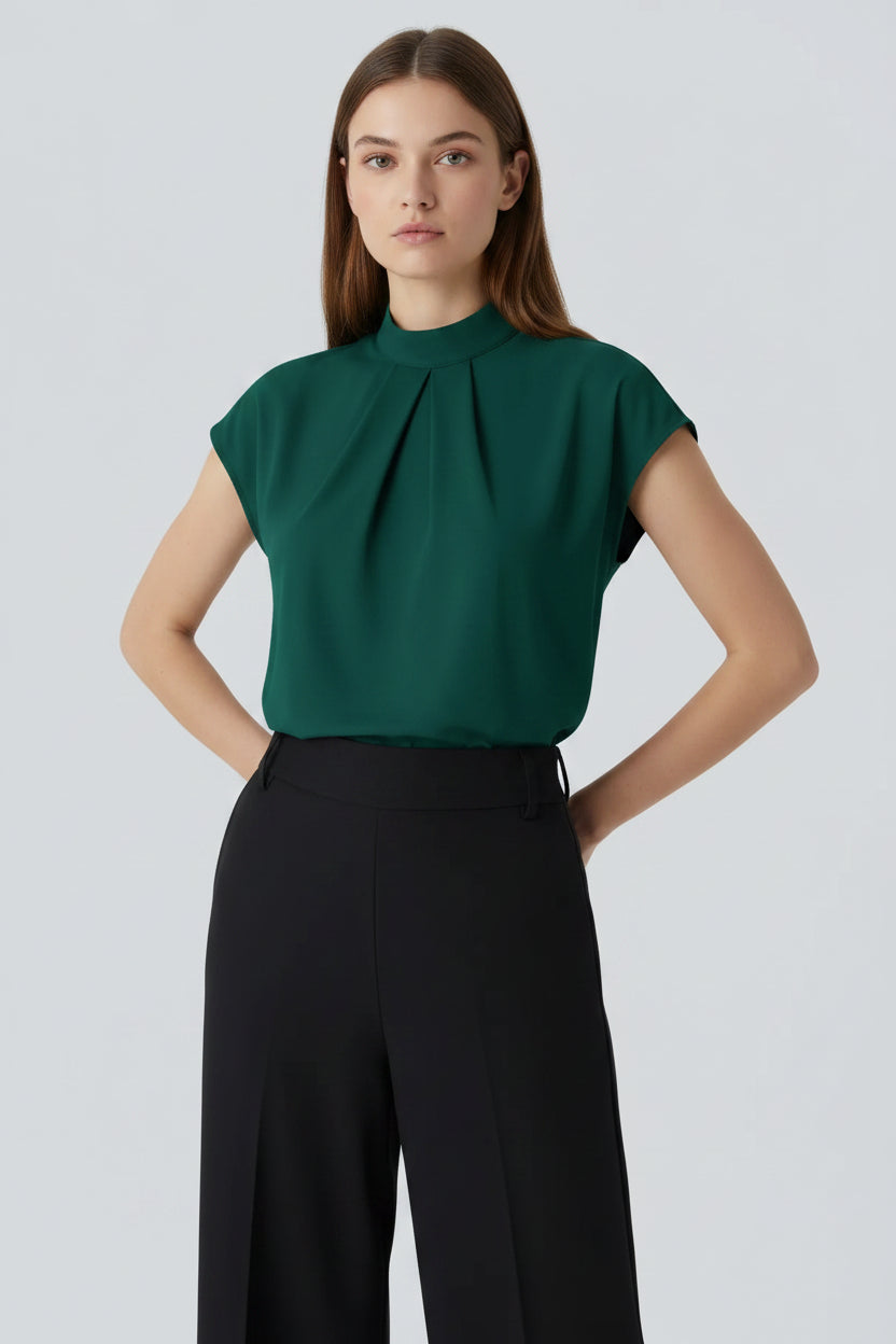 Women’s High-Neck Office Blouse – Short Sleeve Professional Work Top
