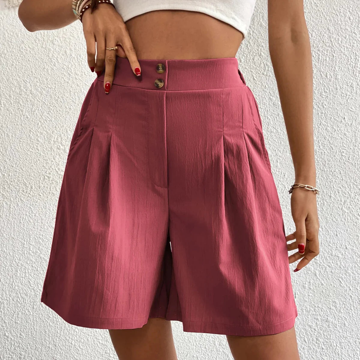 Women's High-Rise Tailored Shorts – Sleek Bermuda Pleated Design