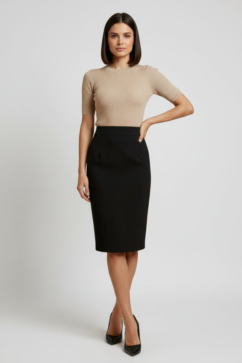 Women’s High-Waist Pencil Midi Skirt – Sleek Fitted Silhouette with Back Slit Detail