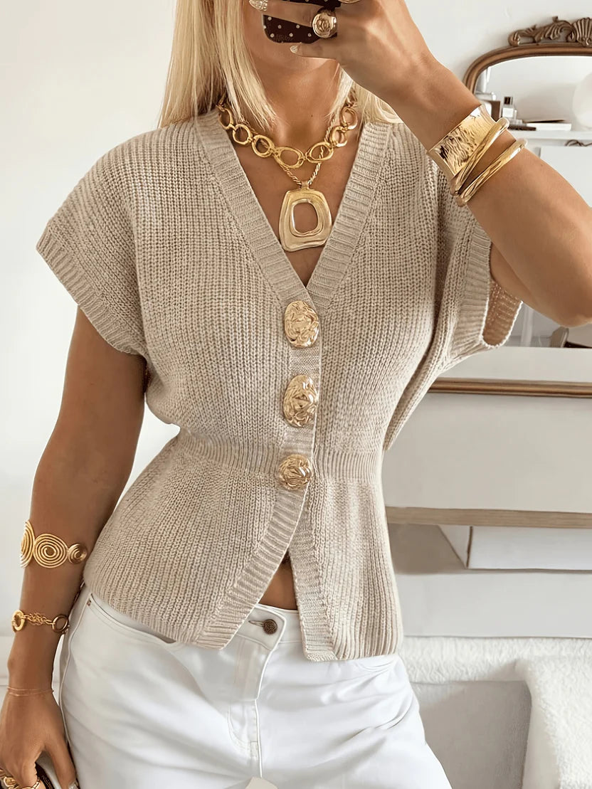 Women’s Knitted Cardigan - Chic Minimalist Knitwear with Metallic Accent Buttons