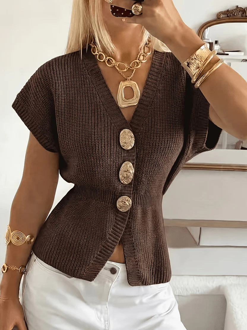 Women’s Knitted Cardigan - Chic Minimalist Knitwear with Metallic Accent Buttons