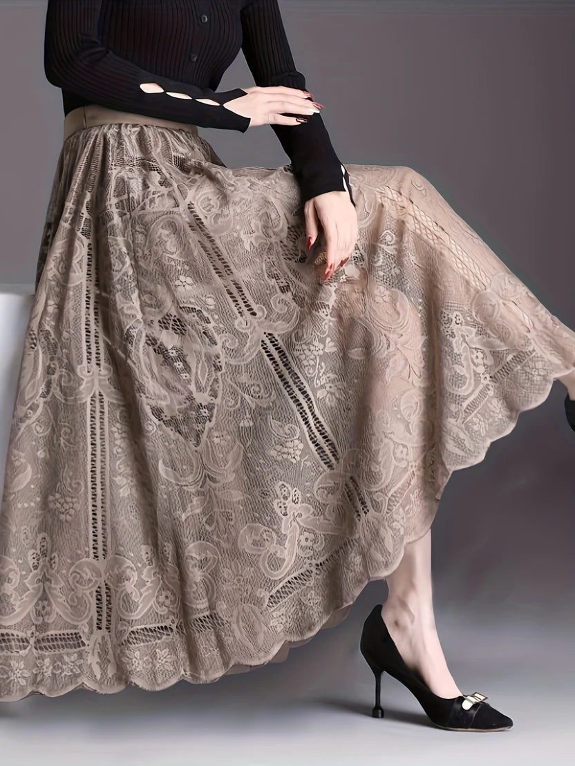 Women’s Lace-Trim A-Line Maxi Skirt – Elegant Scalloped Hem Skirt with Feminine Openwork Detail