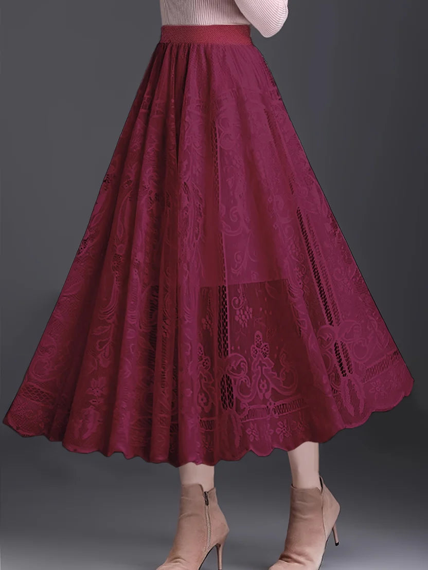 Women’s Lace-Trim A-Line Maxi Skirt – Elegant Scalloped Hem Skirt with Feminine Openwork Detail