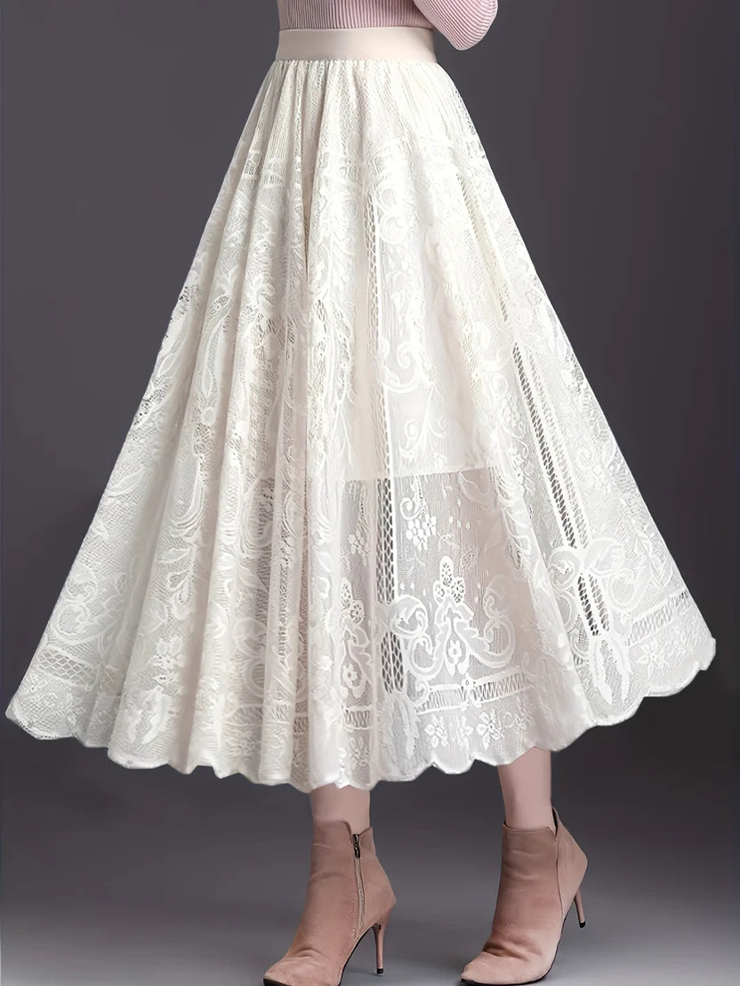 Women’s Lace-Trim A-Line Maxi Skirt – Elegant Scalloped Hem Skirt with Feminine Openwork Detail