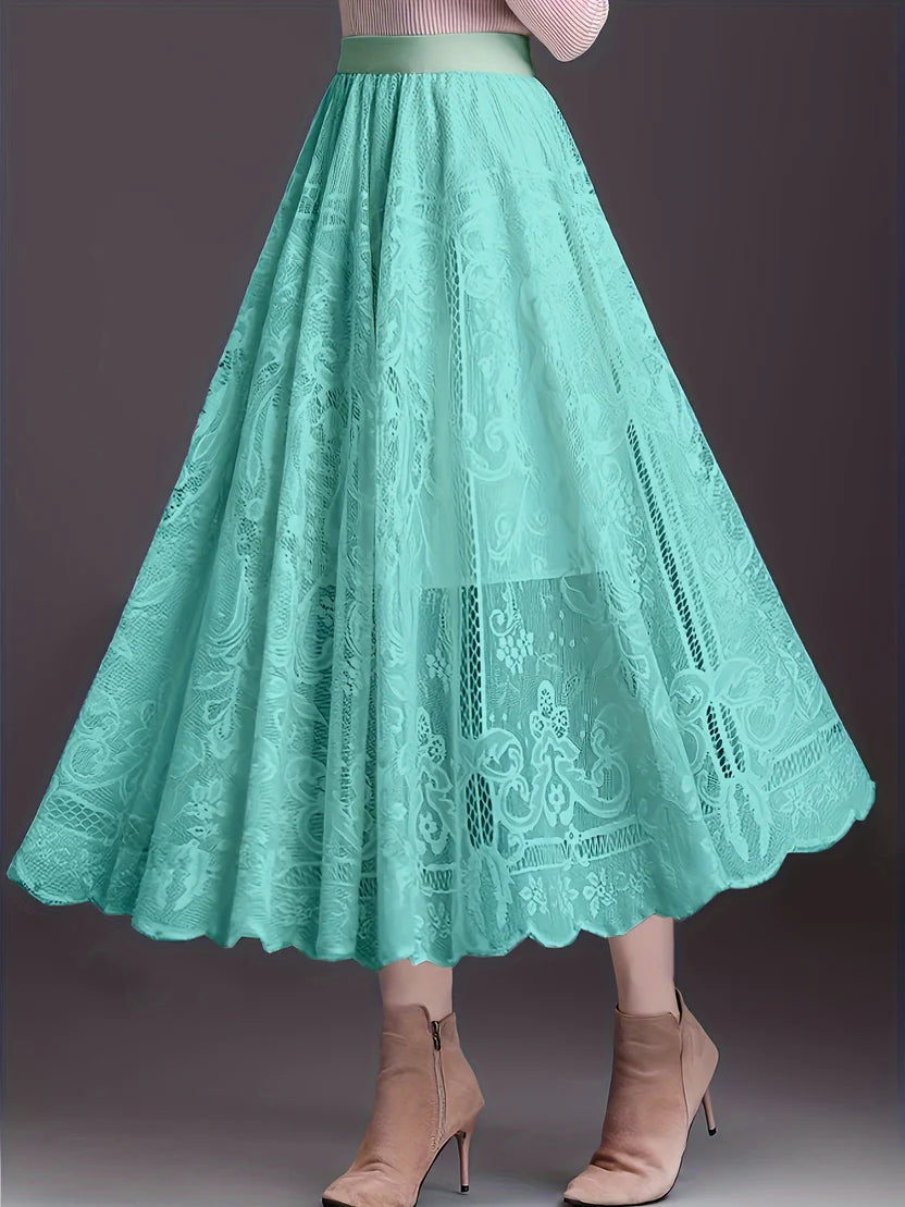 Women’s Lace-Trim A-Line Maxi Skirt – Elegant Scalloped Hem Skirt with Feminine Openwork Detail