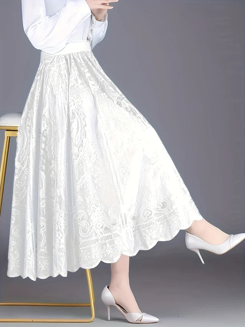 Women’s Lace-Trim A-Line Maxi Skirt – Elegant Scalloped Hem Skirt with Feminine Openwork Detail