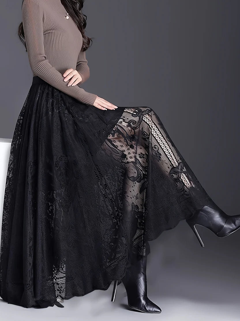 Women’s Lace-Trim A-Line Maxi Skirt – Elegant Scalloped Hem Skirt with Feminine Openwork Detail