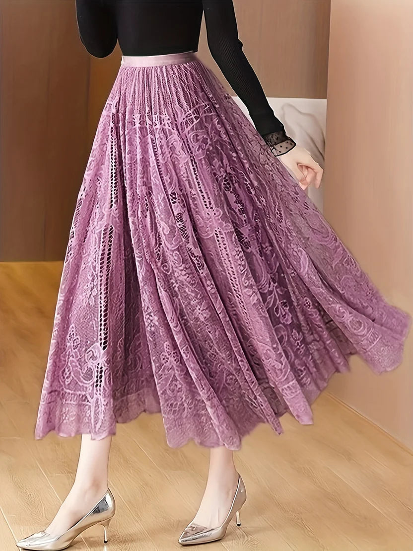 Women’s Lace-Trim A-Line Maxi Skirt – Elegant Scalloped Hem Skirt with Feminine Openwork Detail