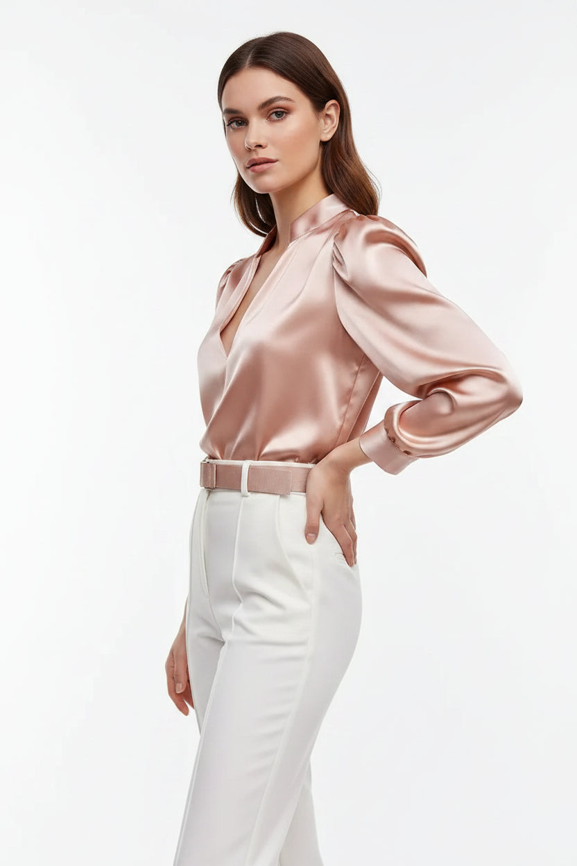 Women's Long Sleeve Deep V Neck Chiffon Blouse – Chic Office & Casual Blouse