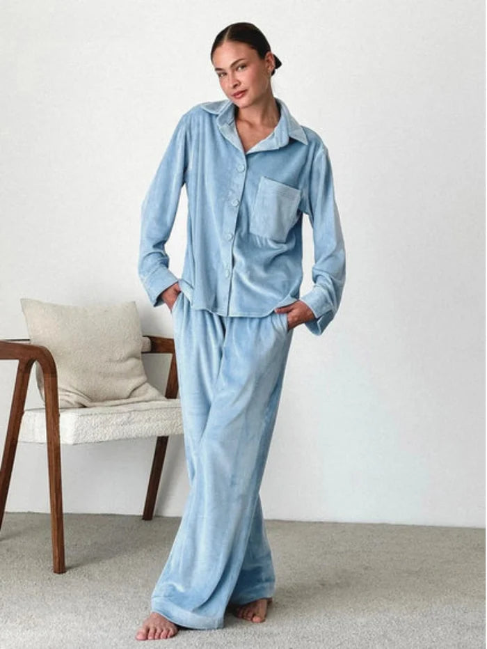 Juliana | Long Sleeve Pajama Set – Button Front Shirt and Full Length Lounge Pants