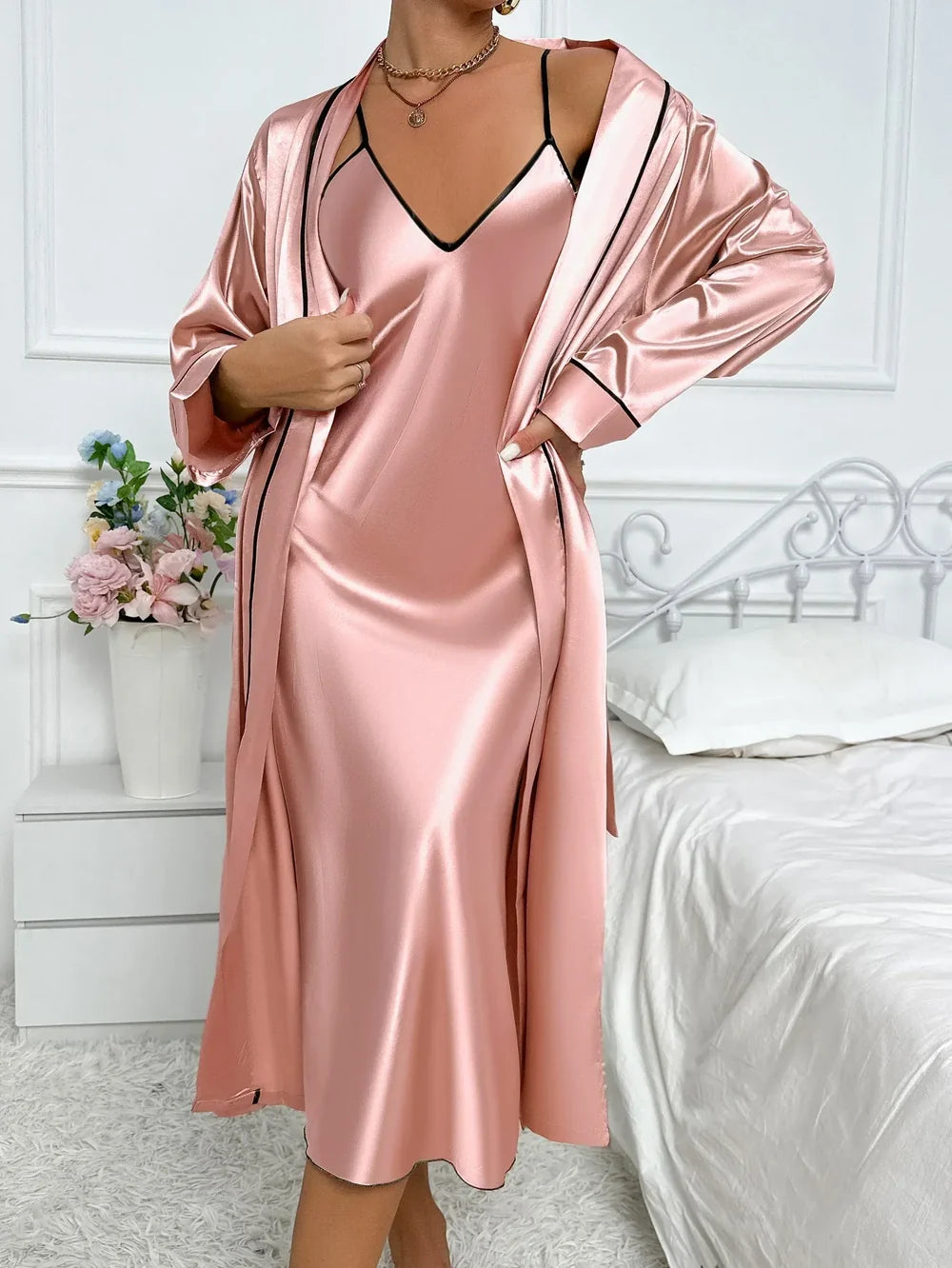 Women's Lounge Pajama Set – V Neck Cami Sleepwear with Matching Robe