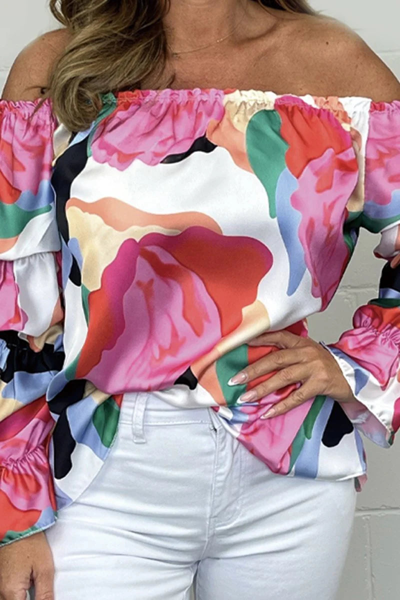 Women’s Luxe Satin Floral Off-Shoulder Blouse – Elegant Draped Top with Romantic Print
