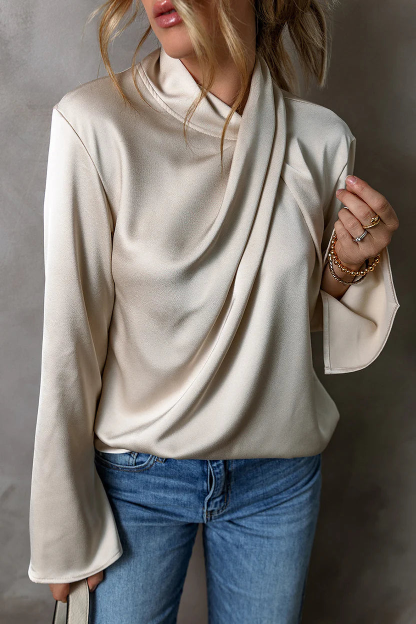 Women’s Luxe Satin Wrap Blouse – Silky Cross-Front Top with Sophisticated Draped Design