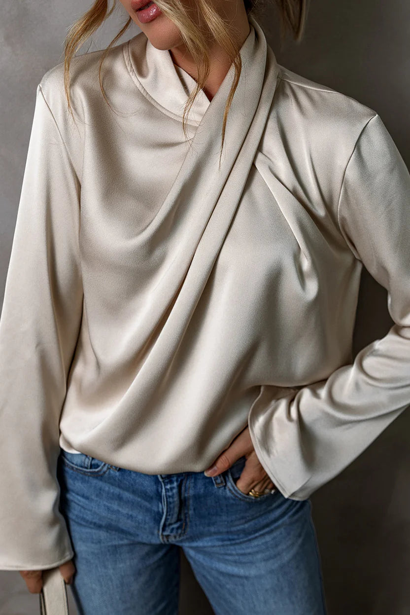 Women’s Luxe Satin Wrap Blouse – Silky Cross-Front Top with Sophisticated Draped Design