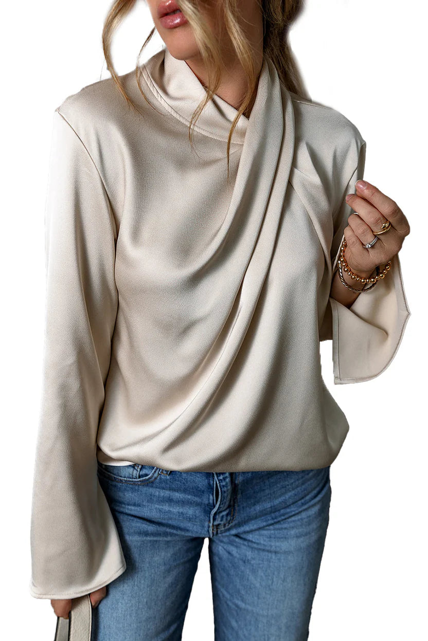 Women’s Luxe Satin Wrap Blouse – Silky Cross-Front Top with Sophisticated Draped Design