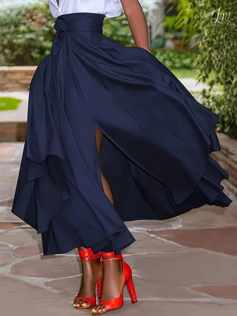 Women’s Midnight Pleated Maxi Skirt – Flowing A-Line Long Skirt with Adjustable Waist Tie