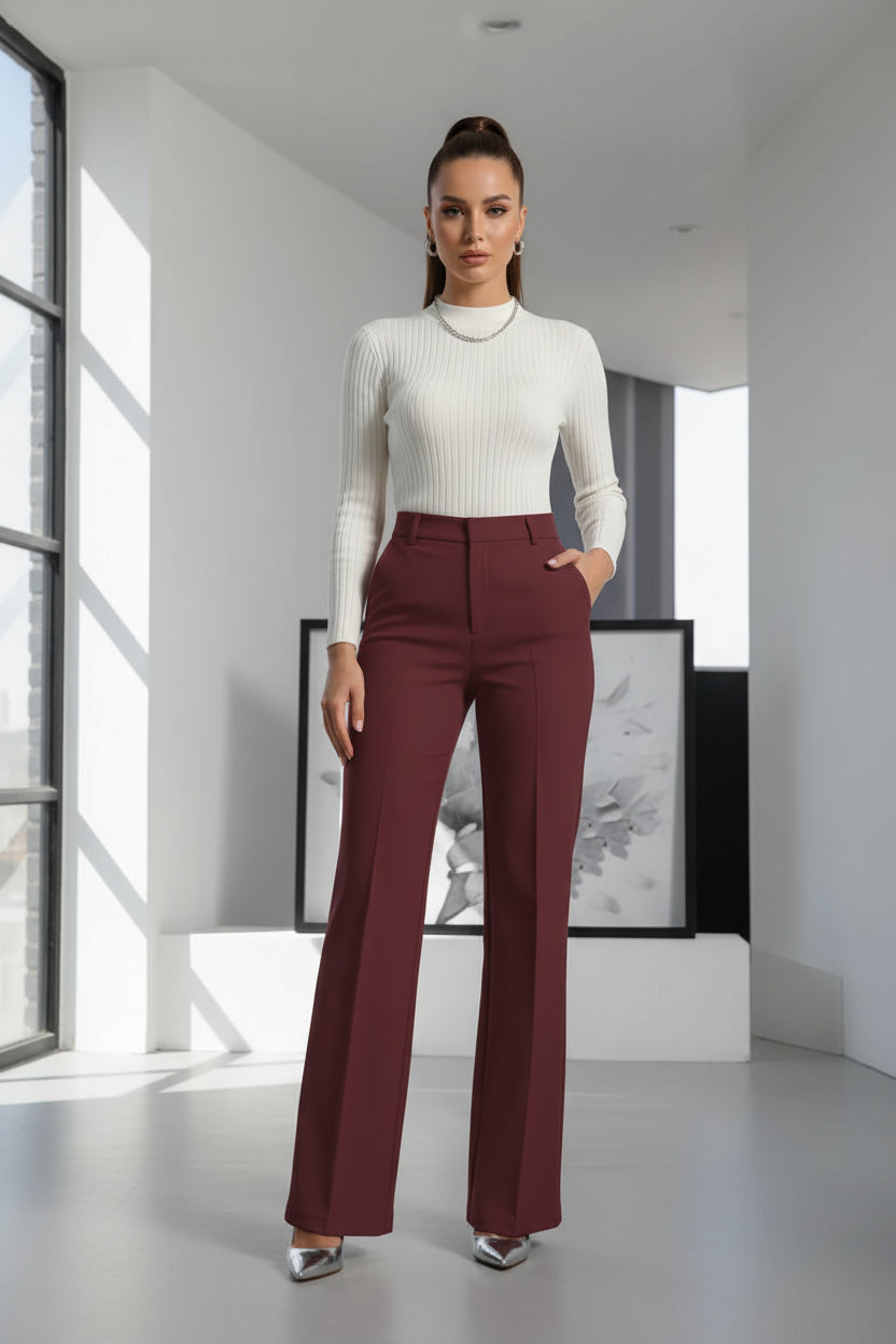 Women's Modern Chic Wide-Leg Pants – Structured High-Rise Dress Pants with Front Button Detail