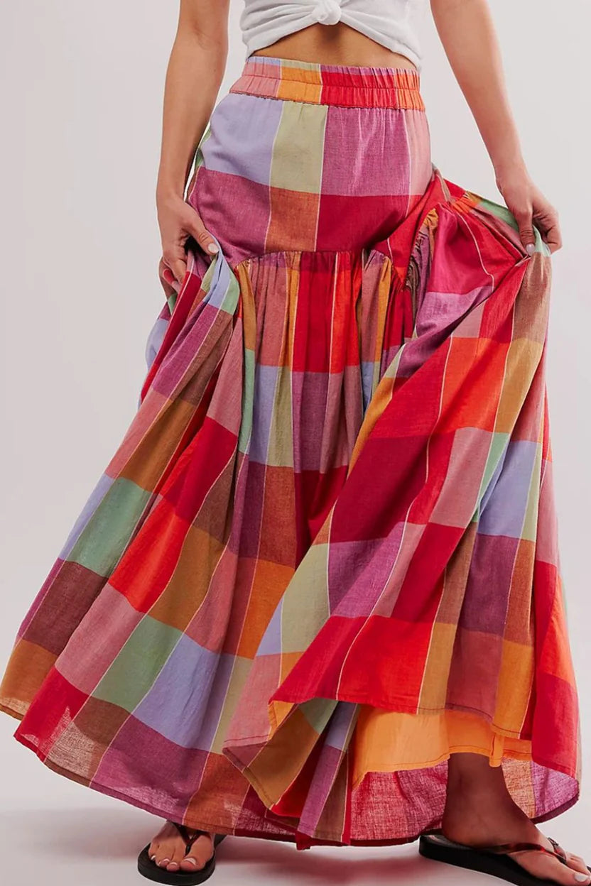 Women’s Modern Contrast Panel High-Waist Maxi Skirt - Flowing Color-Blocked A-Line Skirt with Stretch Comfort Waistband