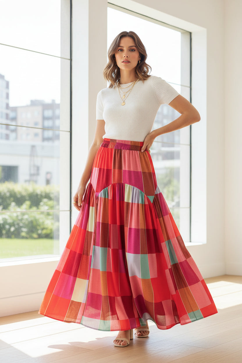 Women’s Modern Contrast Panel High-Waist Maxi Skirt - Flowing Color-Blocked A-Line Skirt with Stretch Comfort Waistband